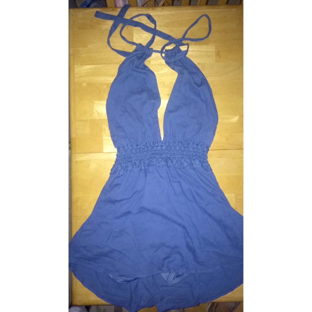 Blue romper dress with open back